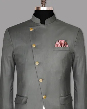 Chicago Gray Subtle Striped Cross Buttoned Bandhgala/Mandarin Blazer