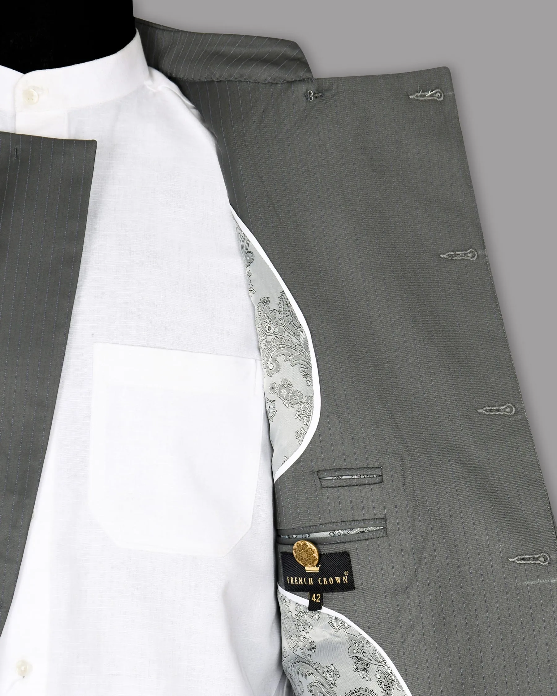 Chicago Gray Subtle Striped Cross Buttoned Bandhgala/Mandarin Blazer