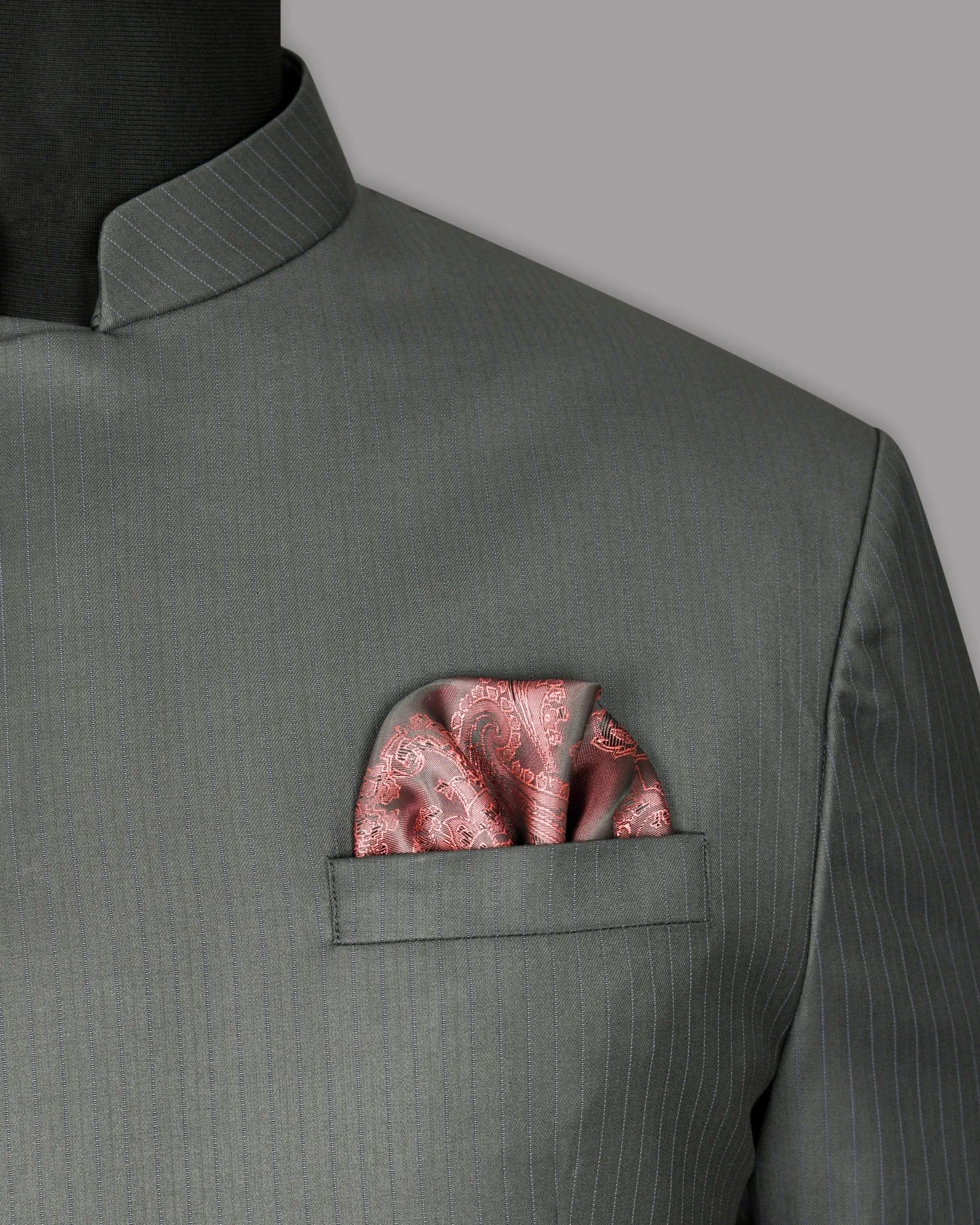 Chicago Gray Subtle Striped Cross Buttoned Bandhgala/Mandarin Blazer