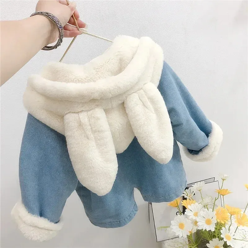 Children's Denim Jackets Warm Fur Cowboy Coat Baby Rabbit Ear Hooded Clothes