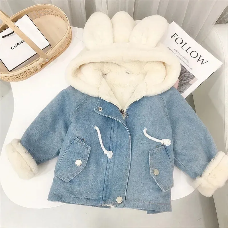 Children's Denim Jackets Warm Fur Cowboy Coat Baby Rabbit Ear Hooded Clothes