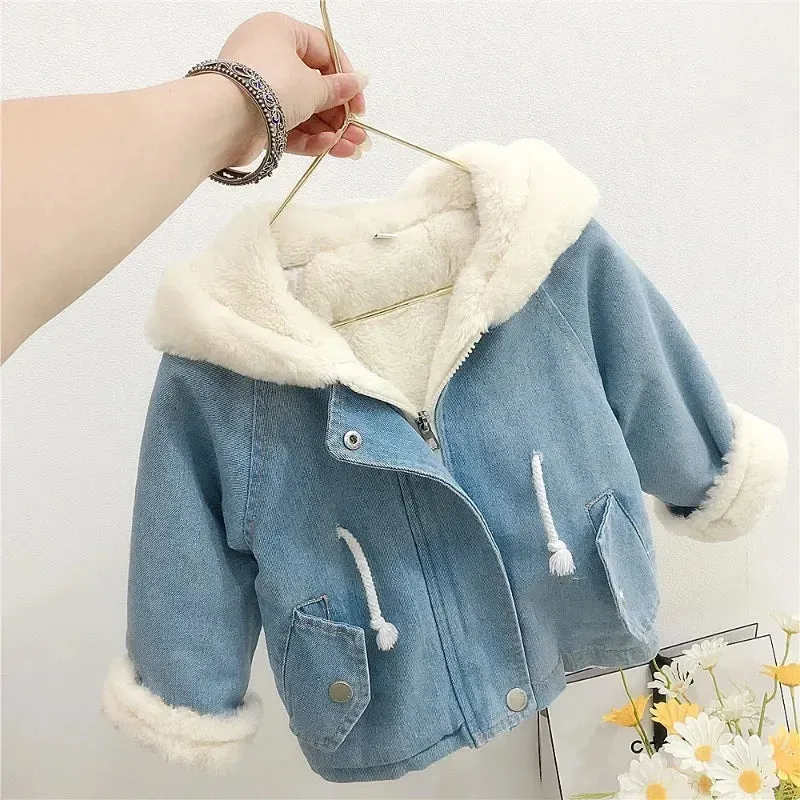 Children's Denim Jackets Warm Fur Cowboy Coat Baby Rabbit Ear Hooded Clothes