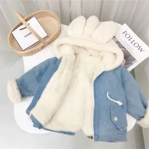 Children's Denim Jackets Warm Fur Cowboy Coat Baby Rabbit Ear Hooded Clothes