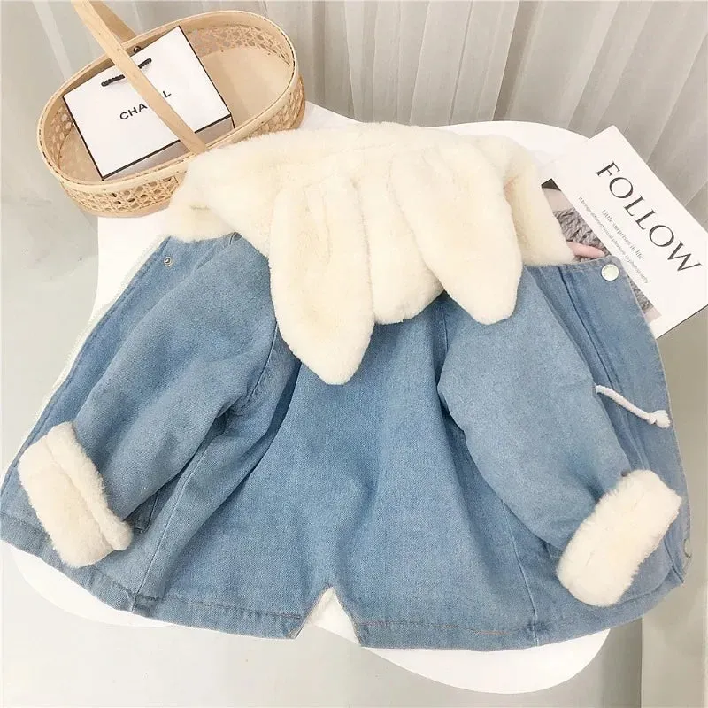 Children's Denim Jackets Warm Fur Cowboy Coat Baby Rabbit Ear Hooded Clothes