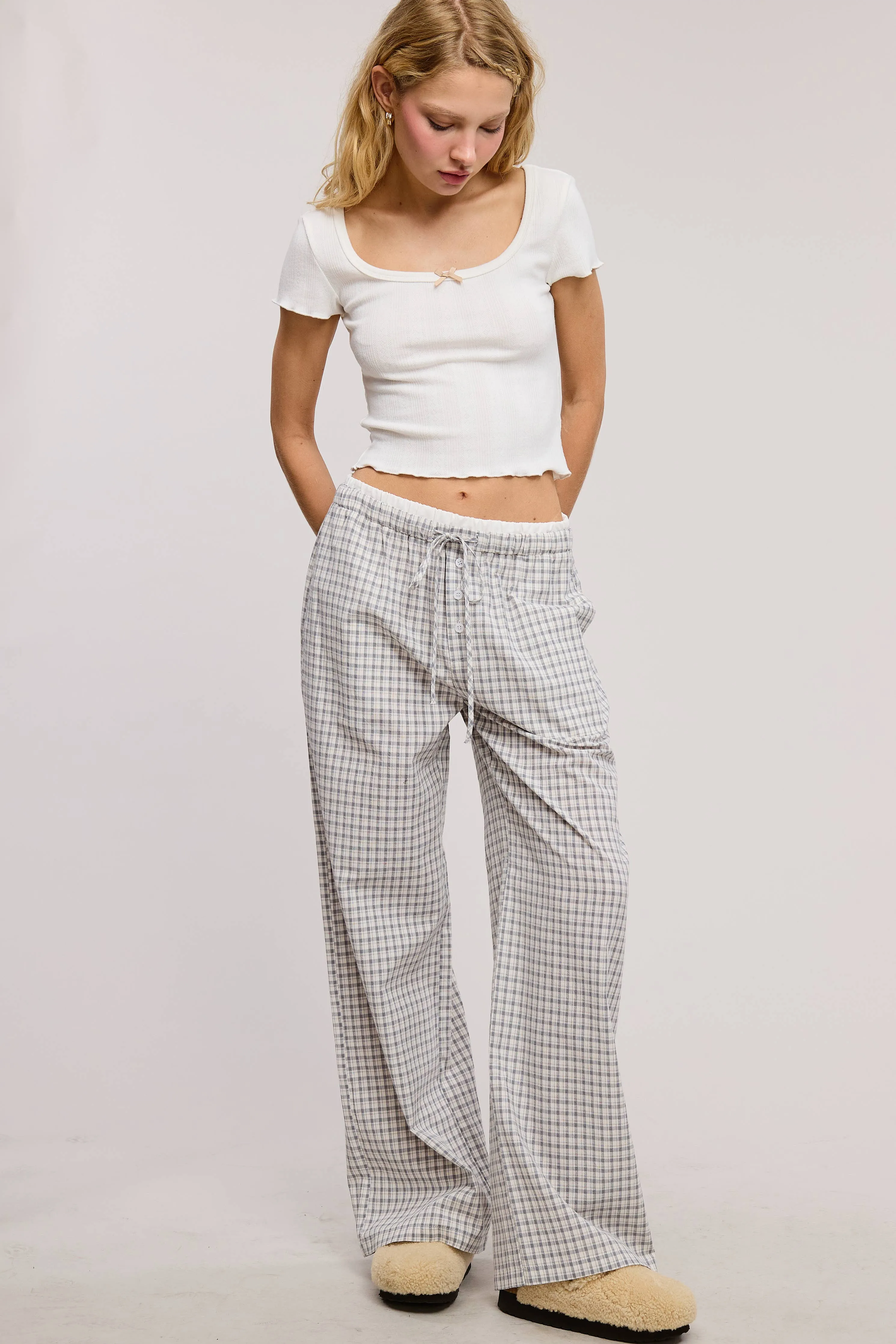 CONTRAST WAISTBAND GINGHAM PRINT BOXER LOUNGE PANTS