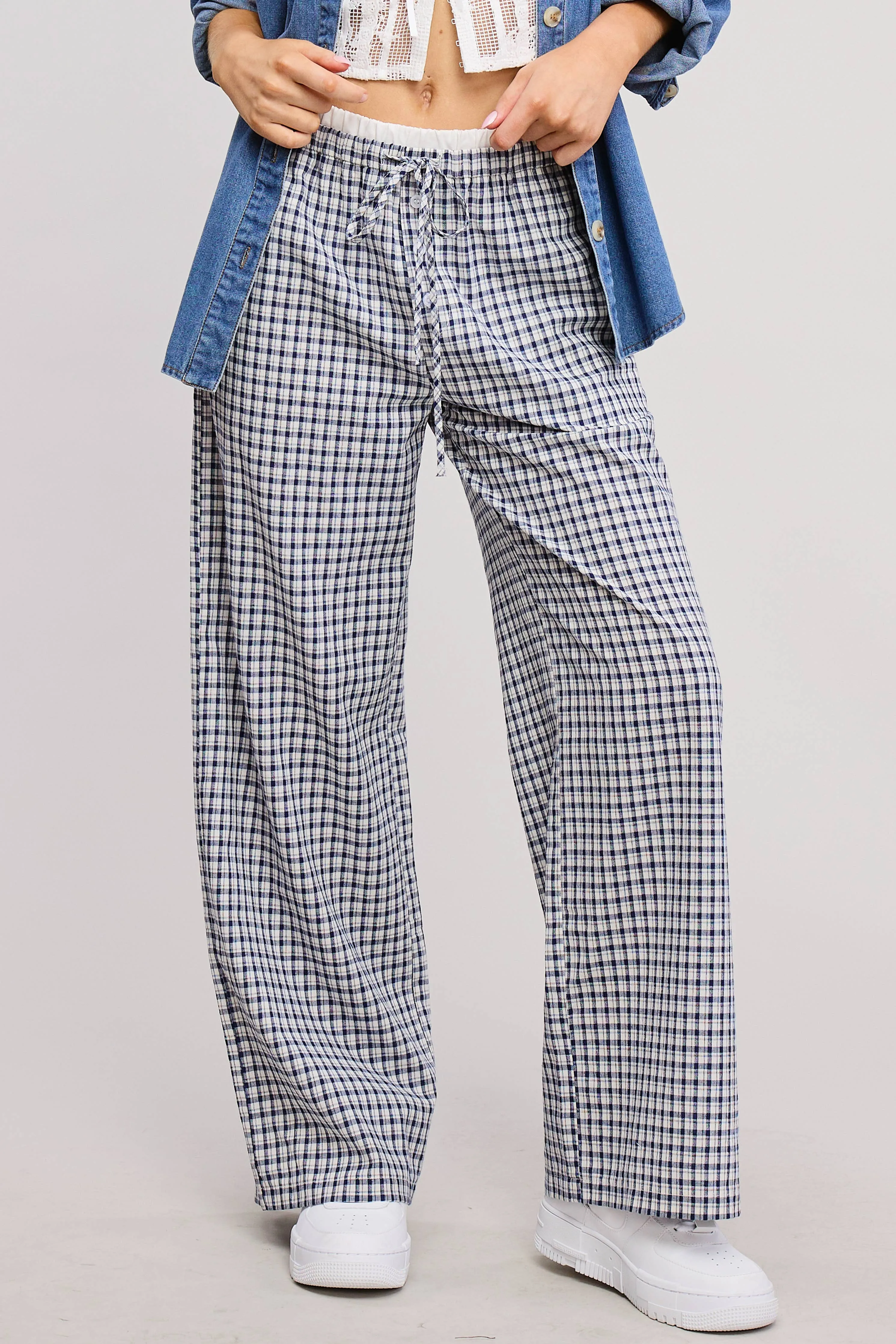 CONTRAST WAISTBAND GINGHAM PRINT BOXER LOUNGE PANTS
