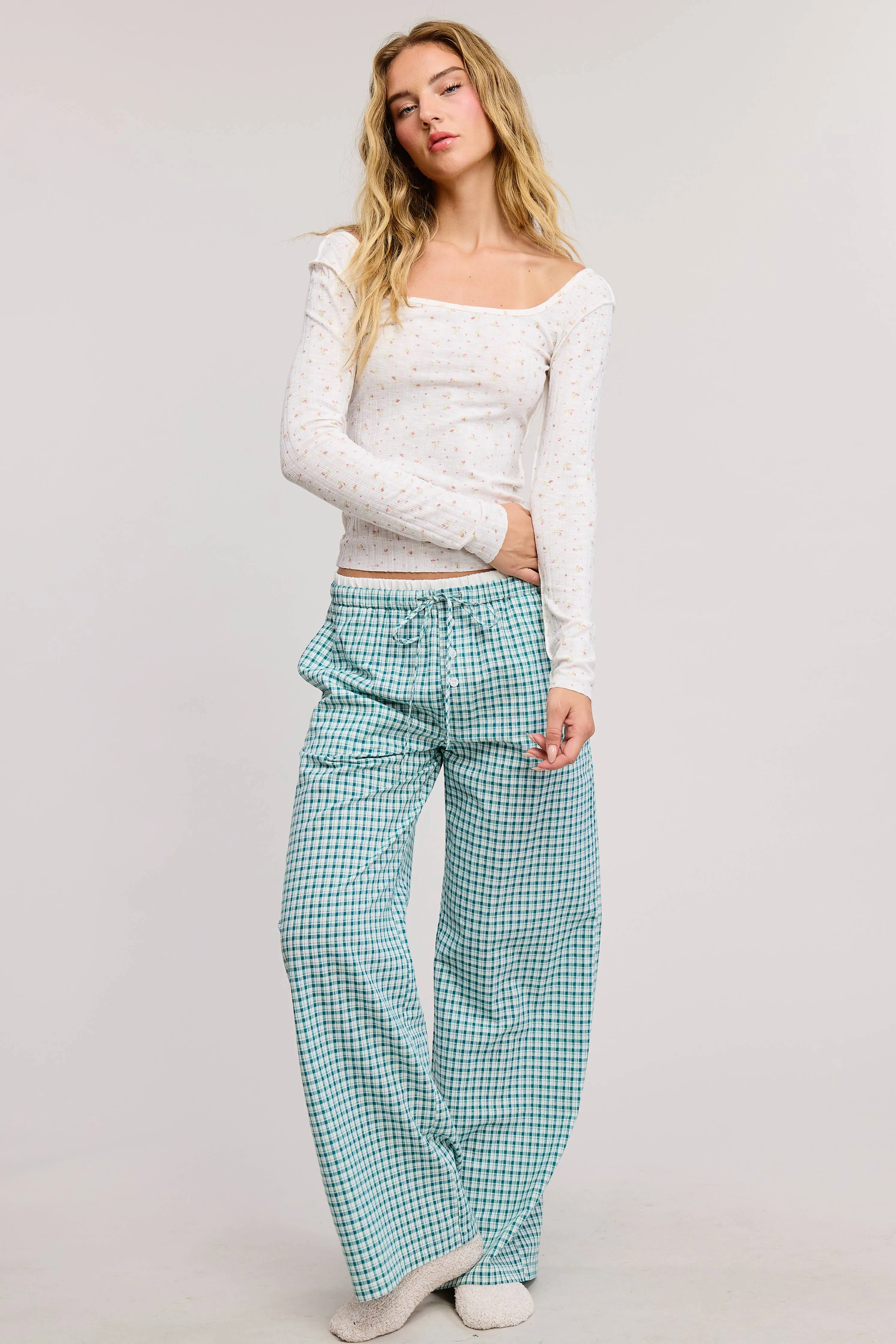 CONTRAST WAISTBAND GINGHAM PRINT BOXER LOUNGE PANTS