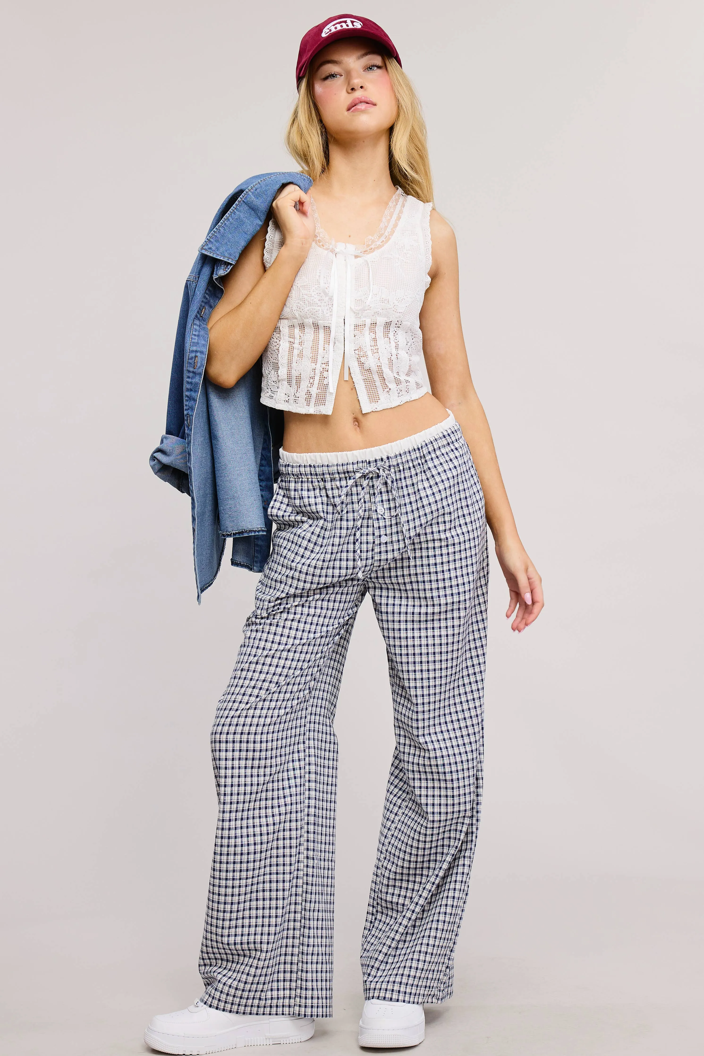 CONTRAST WAISTBAND GINGHAM PRINT BOXER LOUNGE PANTS