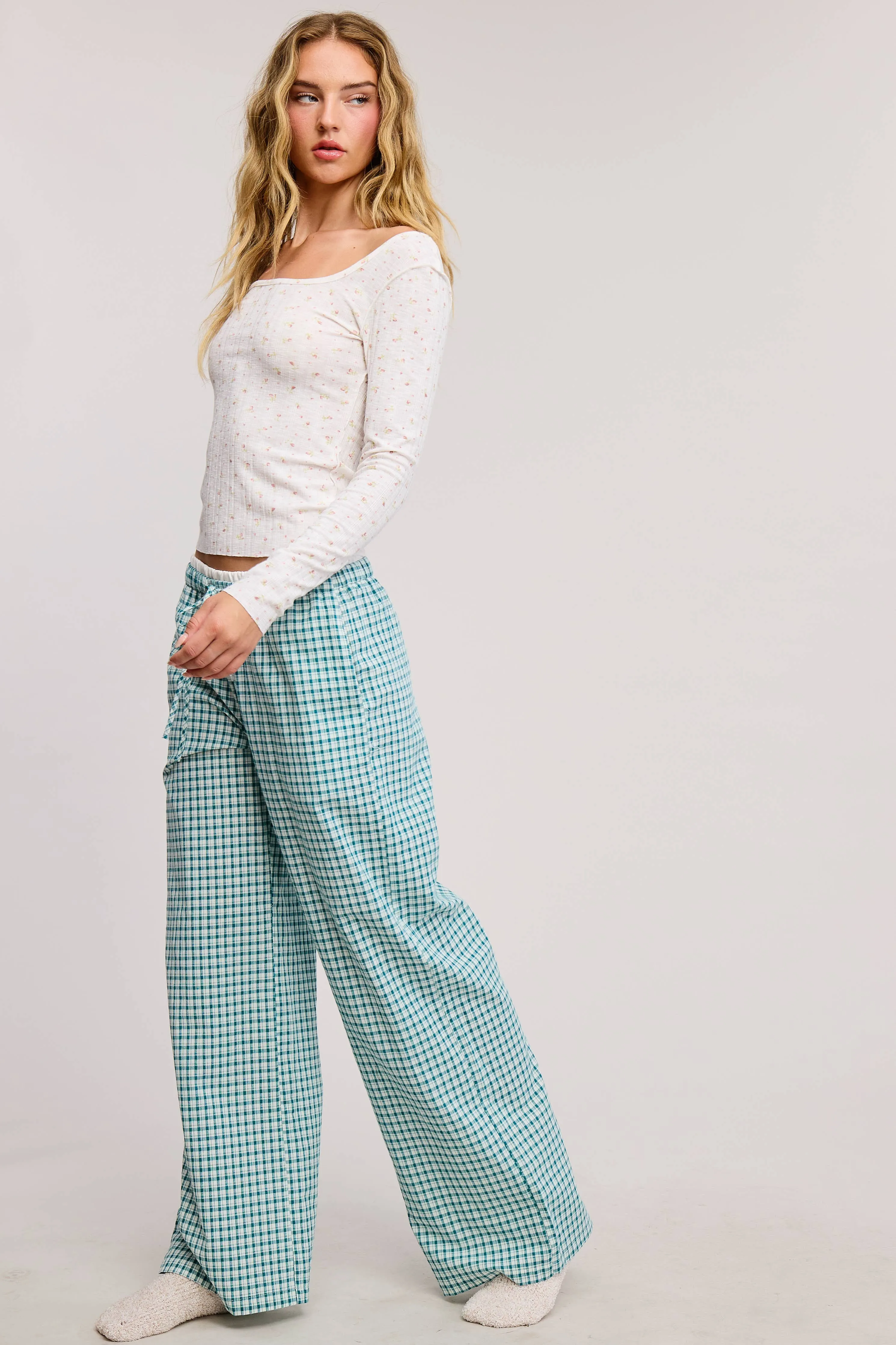 CONTRAST WAISTBAND GINGHAM PRINT BOXER LOUNGE PANTS