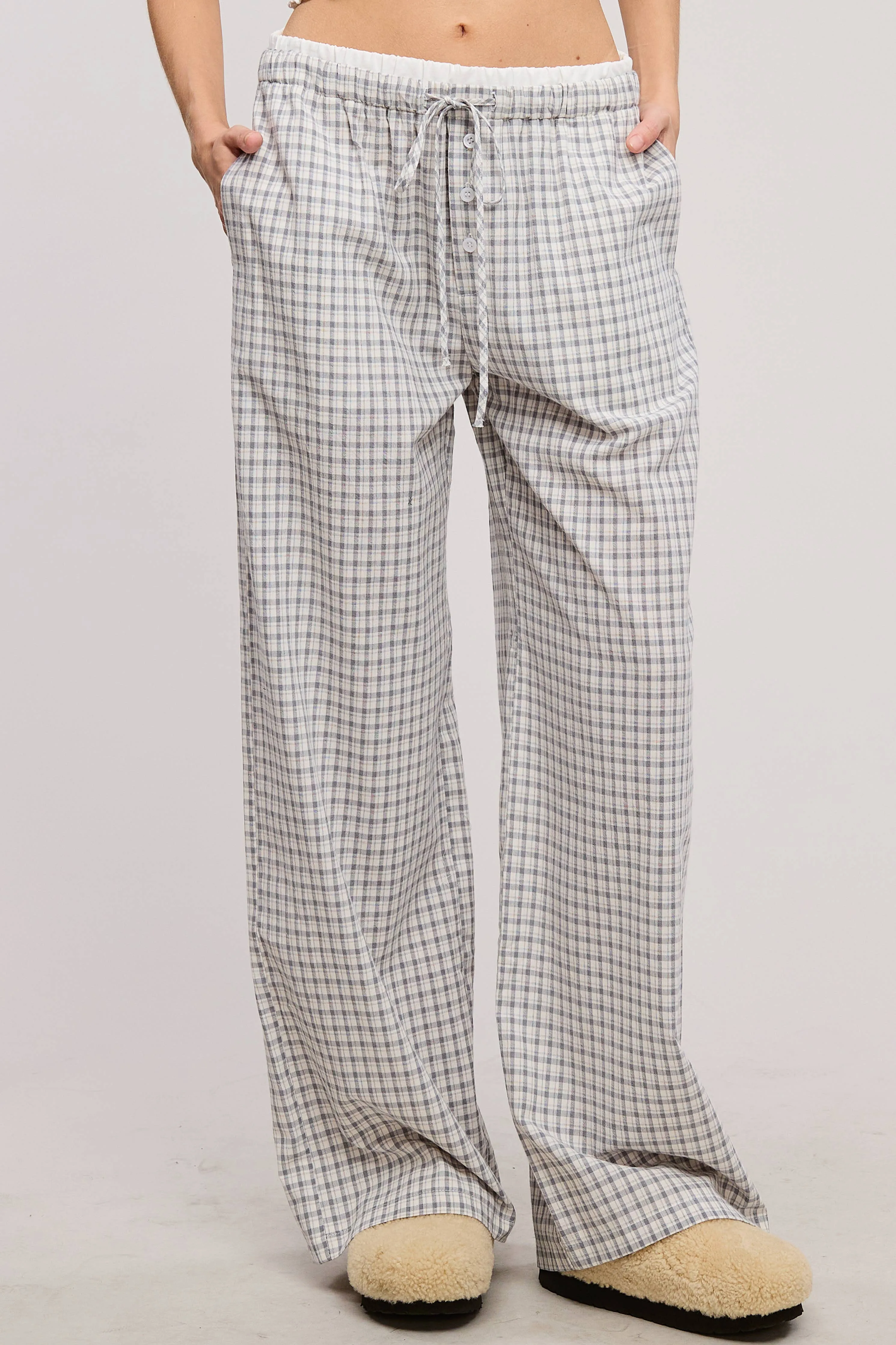 CONTRAST WAISTBAND GINGHAM PRINT BOXER LOUNGE PANTS