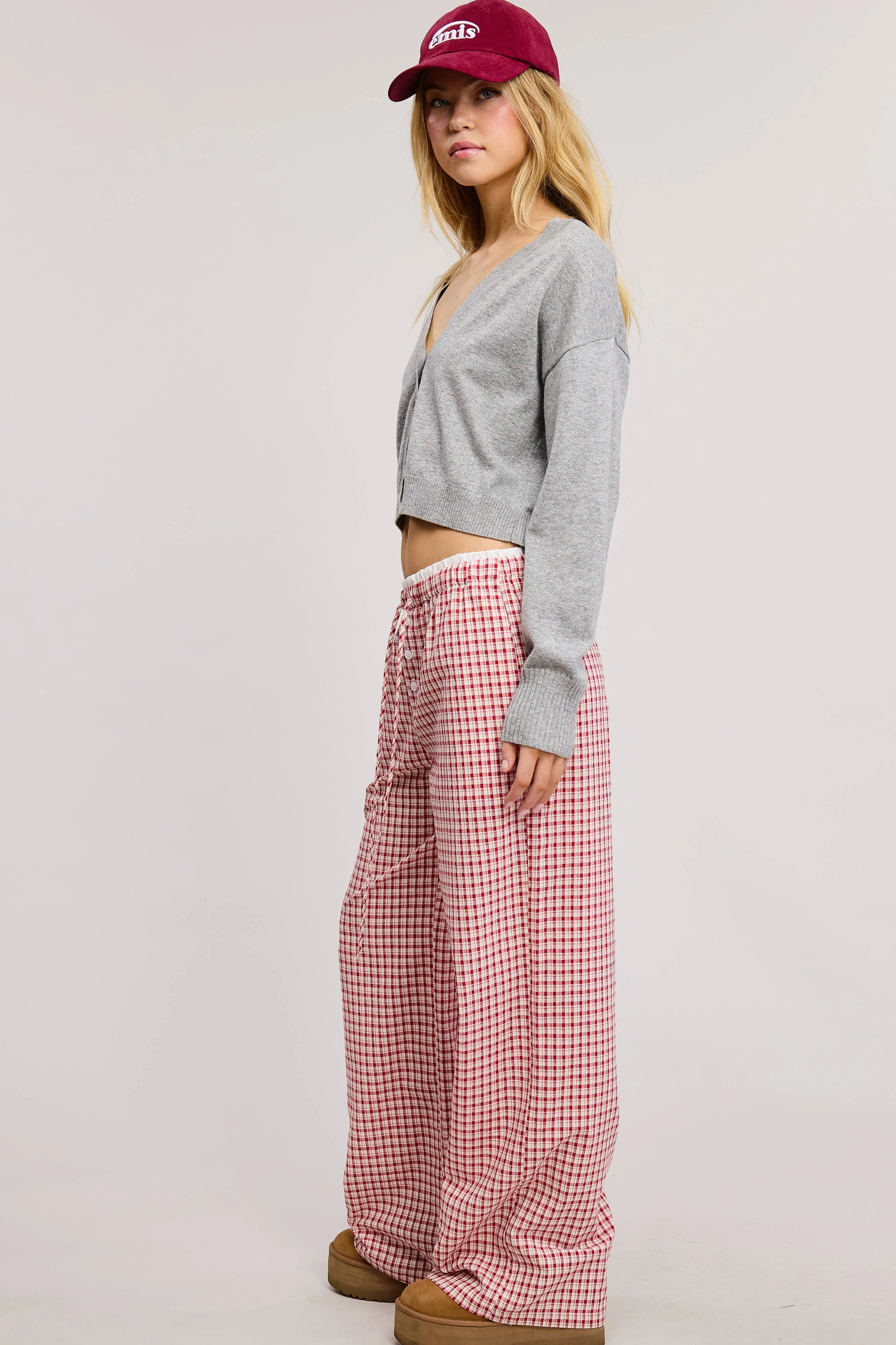 CONTRAST WAISTBAND GINGHAM PRINT BOXER LOUNGE PANTS