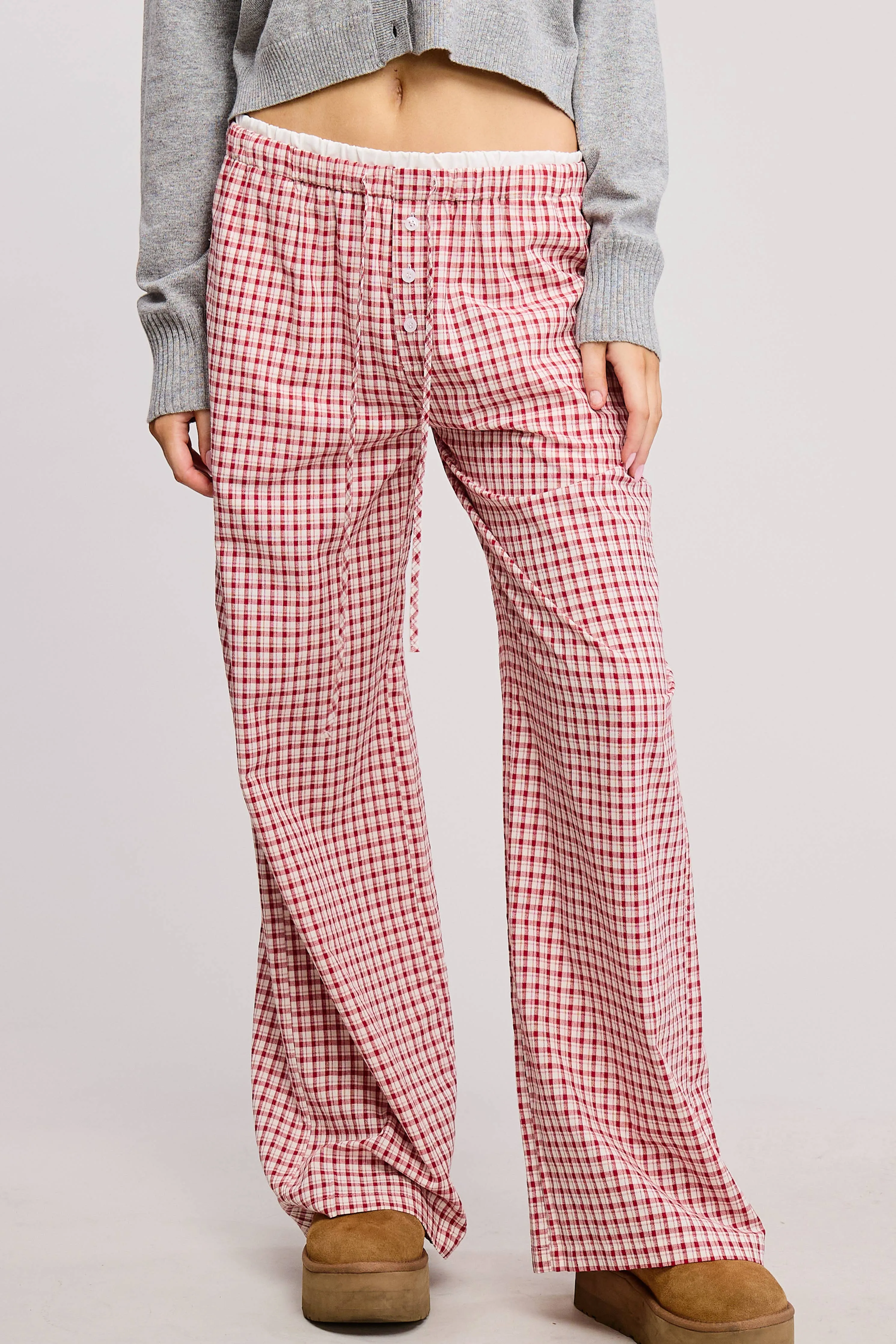 CONTRAST WAISTBAND GINGHAM PRINT BOXER LOUNGE PANTS