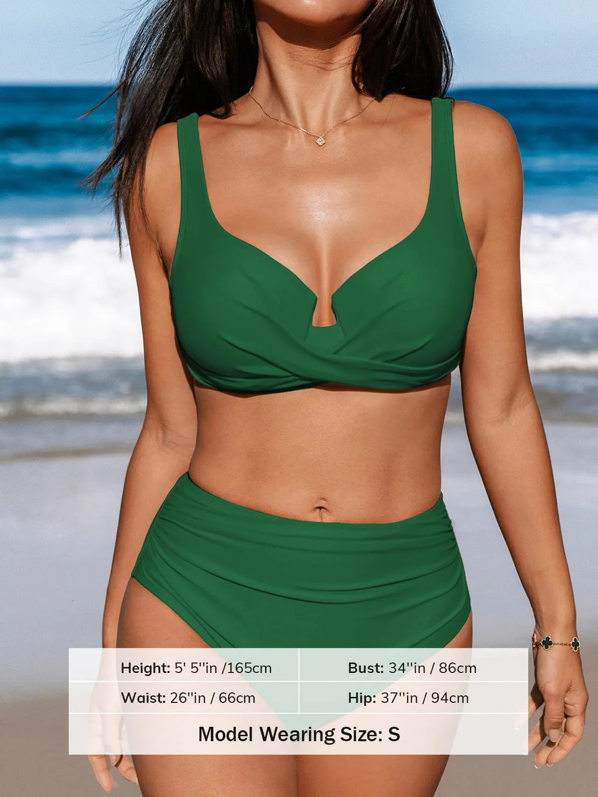 CUPSHE Women's Bikini Sets High Waisted Swimsuit Underwire Adjustable Straps Ruched Full Coverage Bottom,M Alpine Green