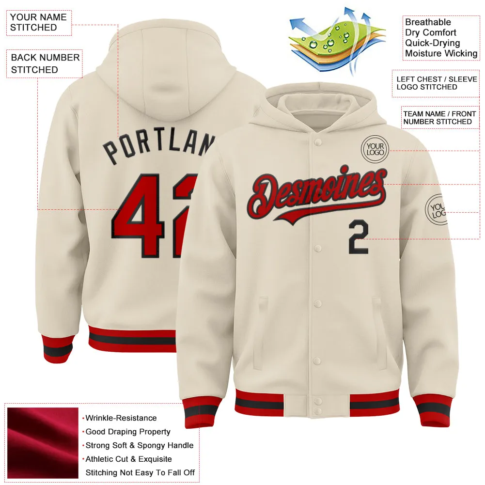 Custom Cream Red-Black Bomber Full-Snap Varsity Letterman Hoodie Jacket