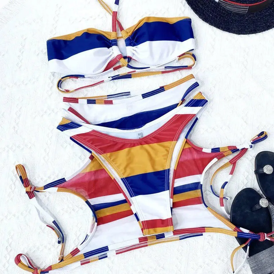 Dallas Striped 3-Piece Bikini & Skirt Swim Set