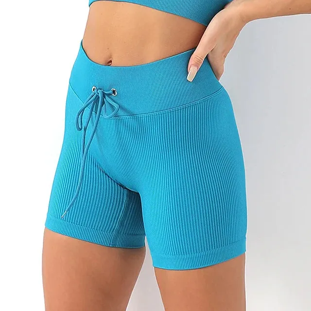 Drawstring Seamless Gym Shorts for Women - High Waist Booty Workout Shorts