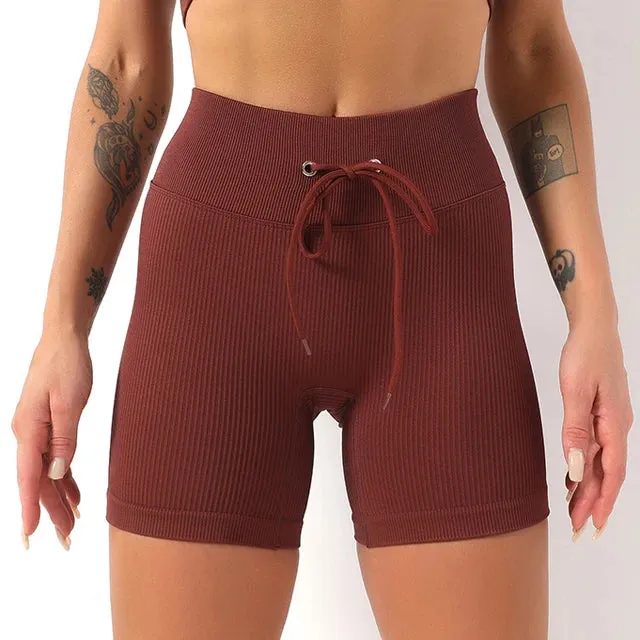 Drawstring Seamless Gym Shorts for Women - High Waist Booty Workout Shorts
