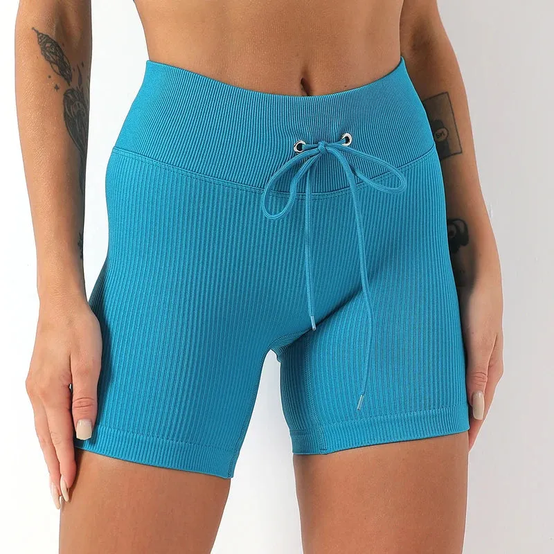 Drawstring Seamless Gym Shorts for Women - High Waist Booty Workout Shorts