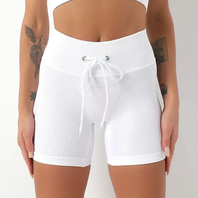 Drawstring Seamless Gym Shorts for Women - High Waist Booty Workout Shorts