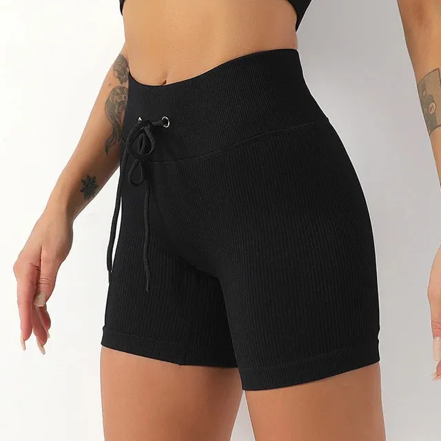 Drawstring Seamless Gym Shorts for Women - High Waist Booty Workout Shorts