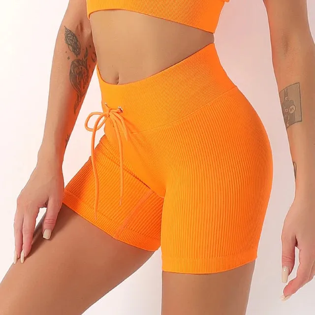 Drawstring Seamless Gym Shorts for Women - High Waist Booty Workout Shorts