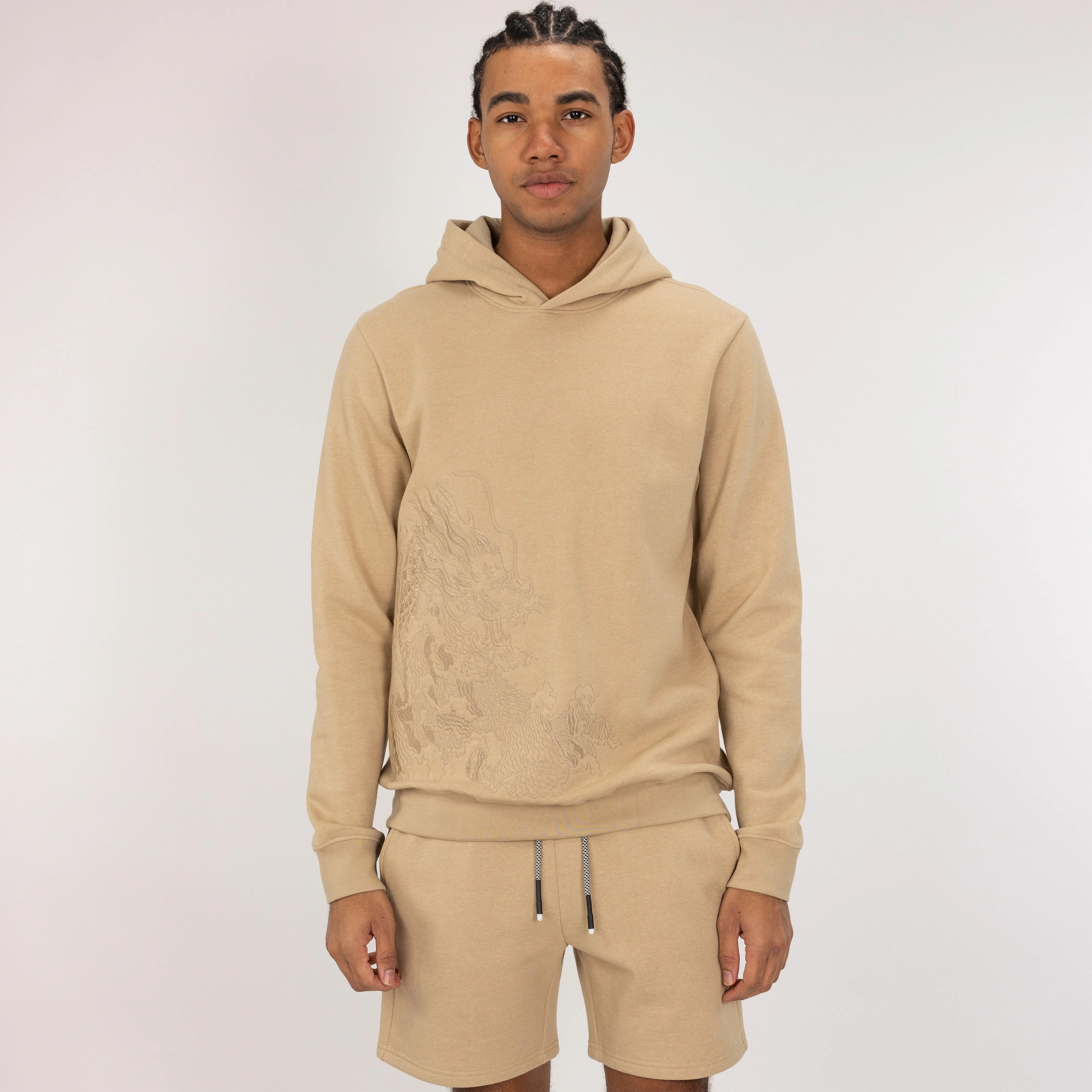 Embroidered Front Hoodie  - Pale Khaki / Dragon