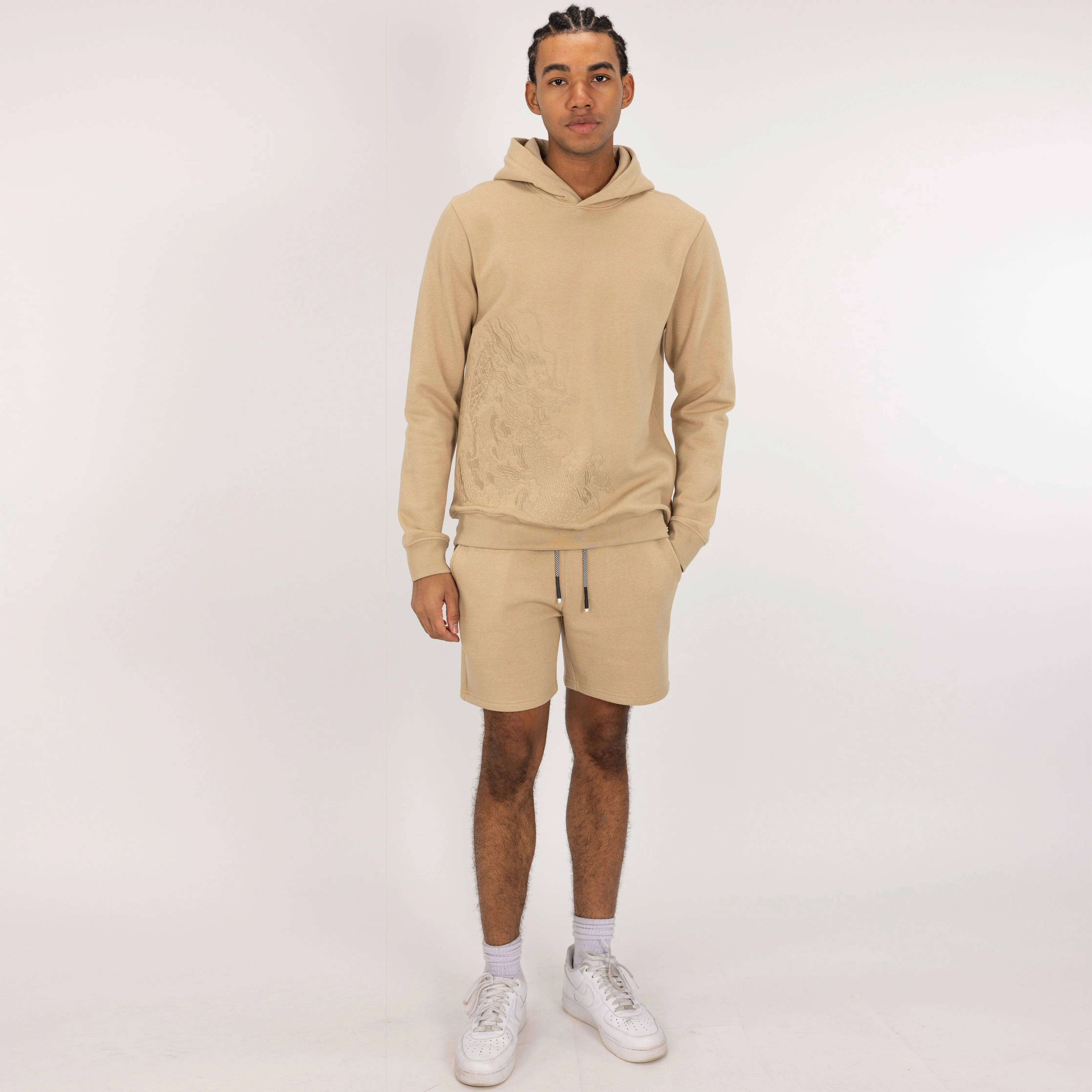 Embroidered Front Hoodie  - Pale Khaki / Dragon