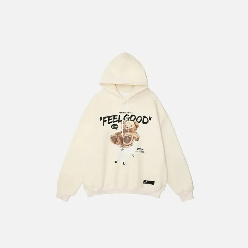 Feel Good Bear Print Y2K Hoodie for Stylish Streetwear