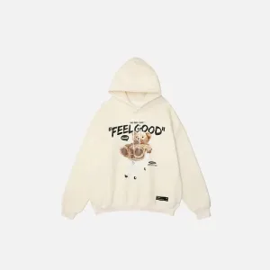 Feel Good Bear Print Y2K Hoodie for Stylish Streetwear