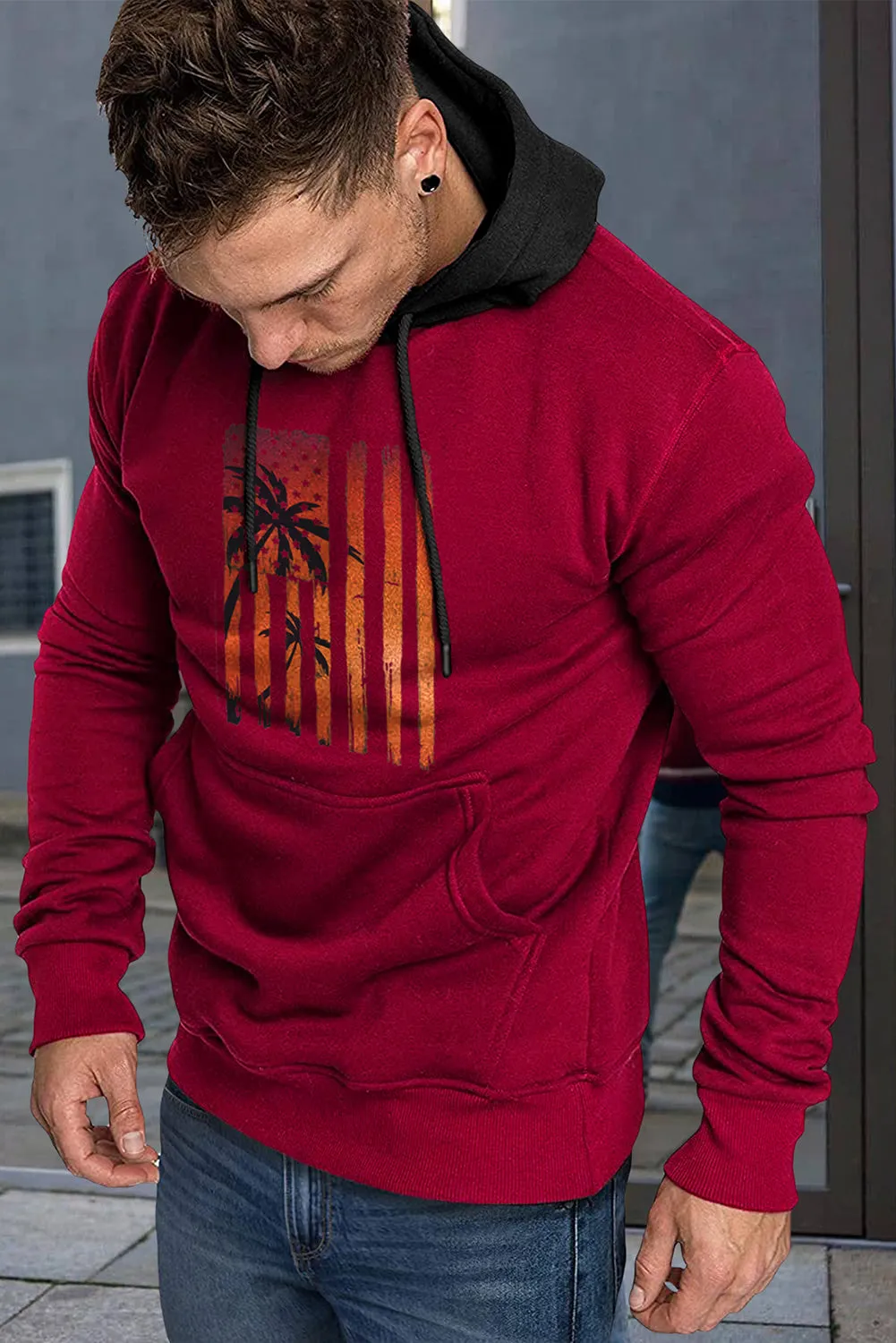 Fiery Red Men's American Flag Graphic Print Pocket Color Block Hoodie
