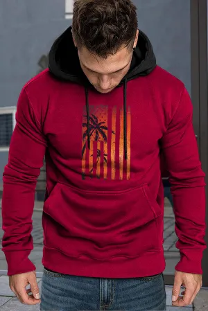 Fiery Red Men's American Flag Graphic Print Pocket Color Block Hoodie