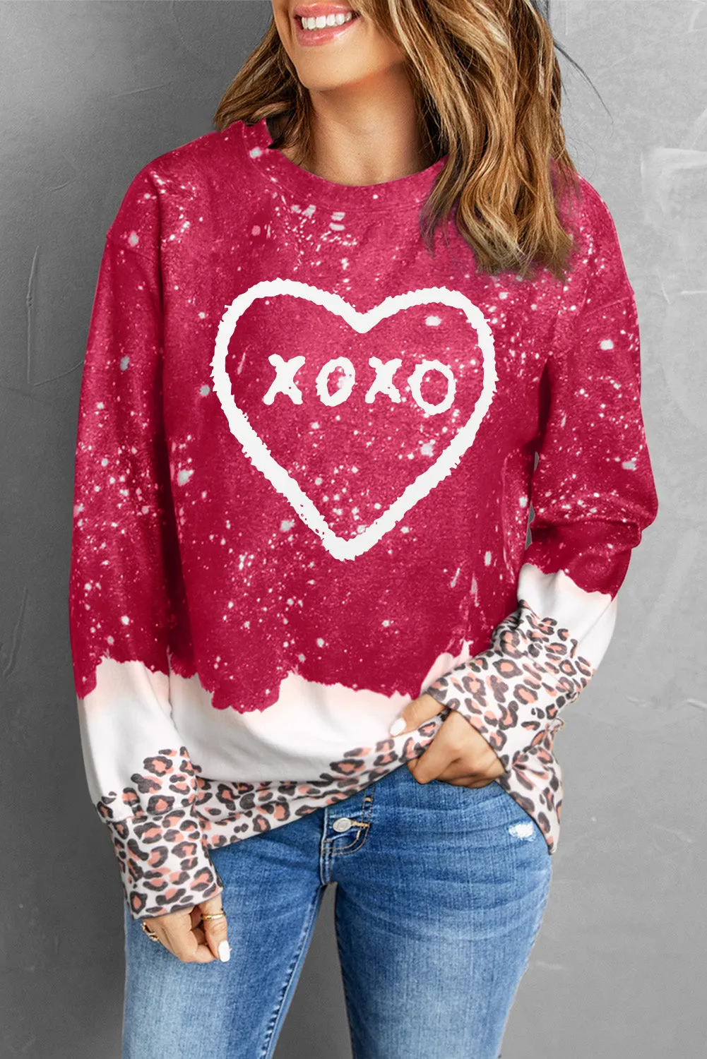 Fiery Red XOXO Heart Graphic Print Leopard Bleached Sweatshirt