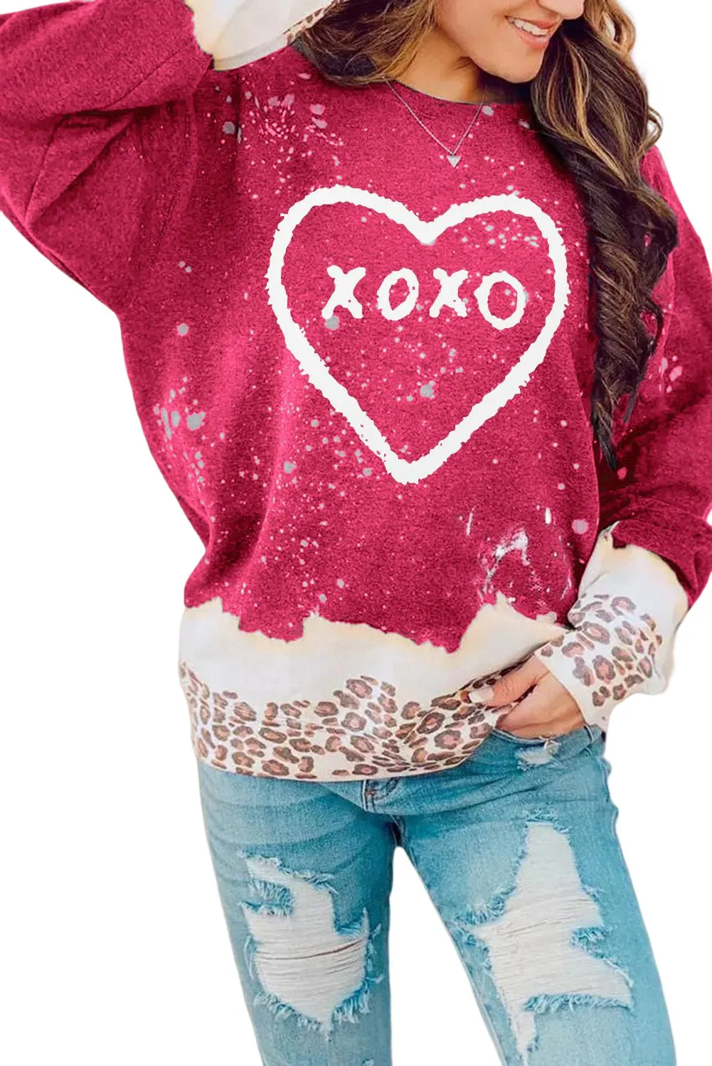 Fiery Red XOXO Heart Graphic Print Leopard Bleached Sweatshirt