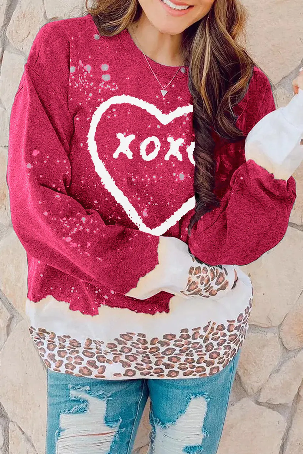 Fiery Red XOXO Heart Graphic Print Leopard Bleached Sweatshirt