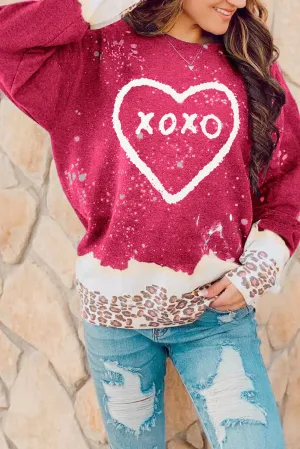 Fiery Red XOXO Heart Graphic Print Leopard Bleached Sweatshirt