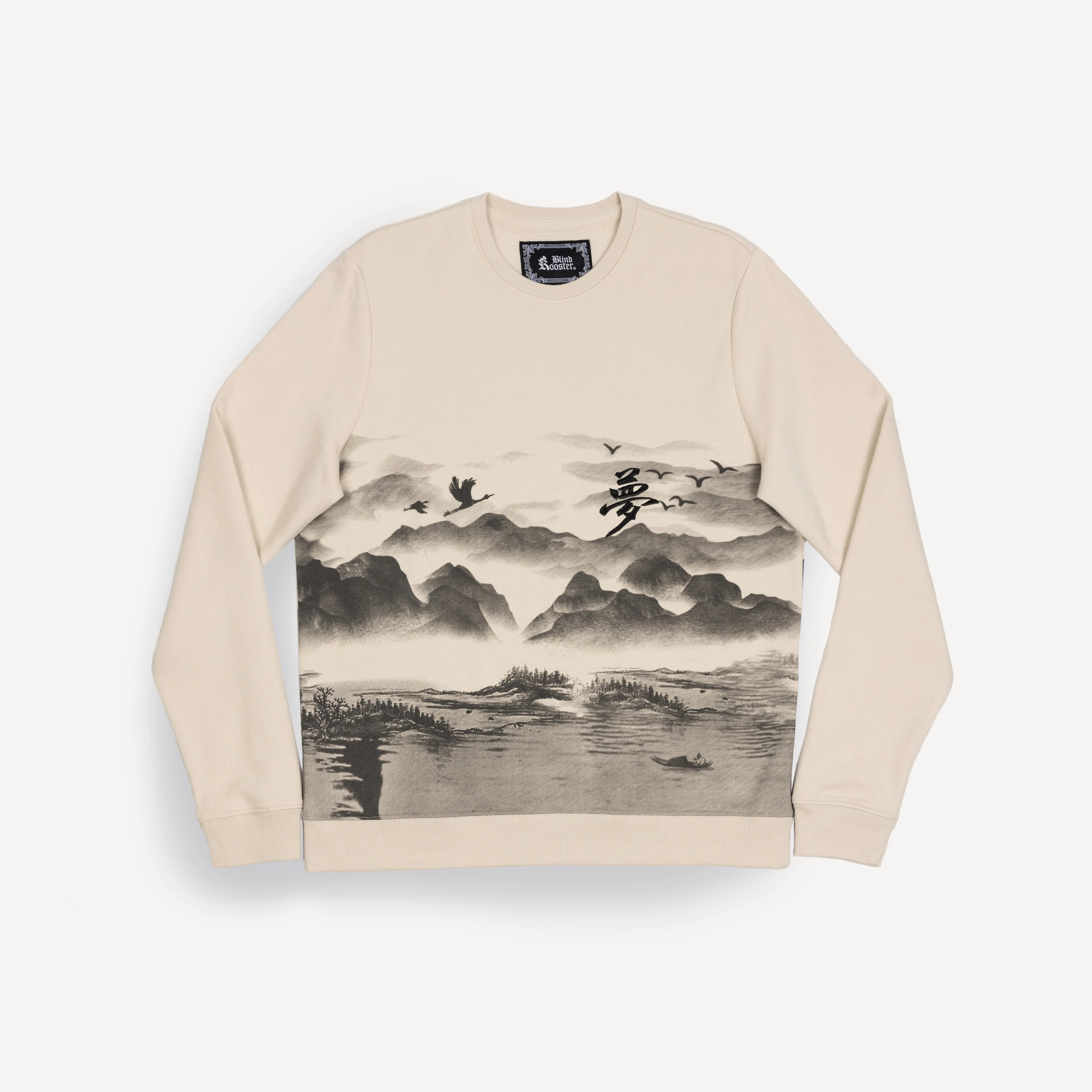 Gender Neutral Graphic Wraparound Crewneck Sweatshirt - Oatmeal / Kanji Dream