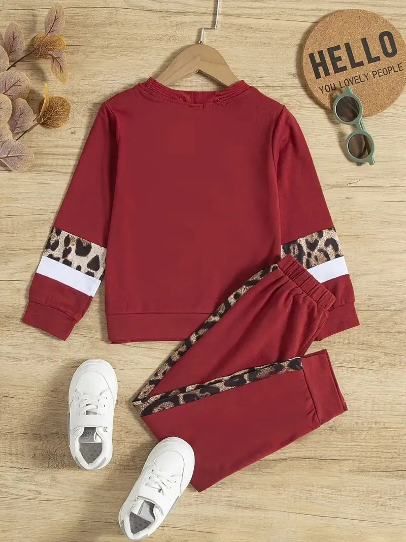 Girl's Leopard Design Red Pant Set
