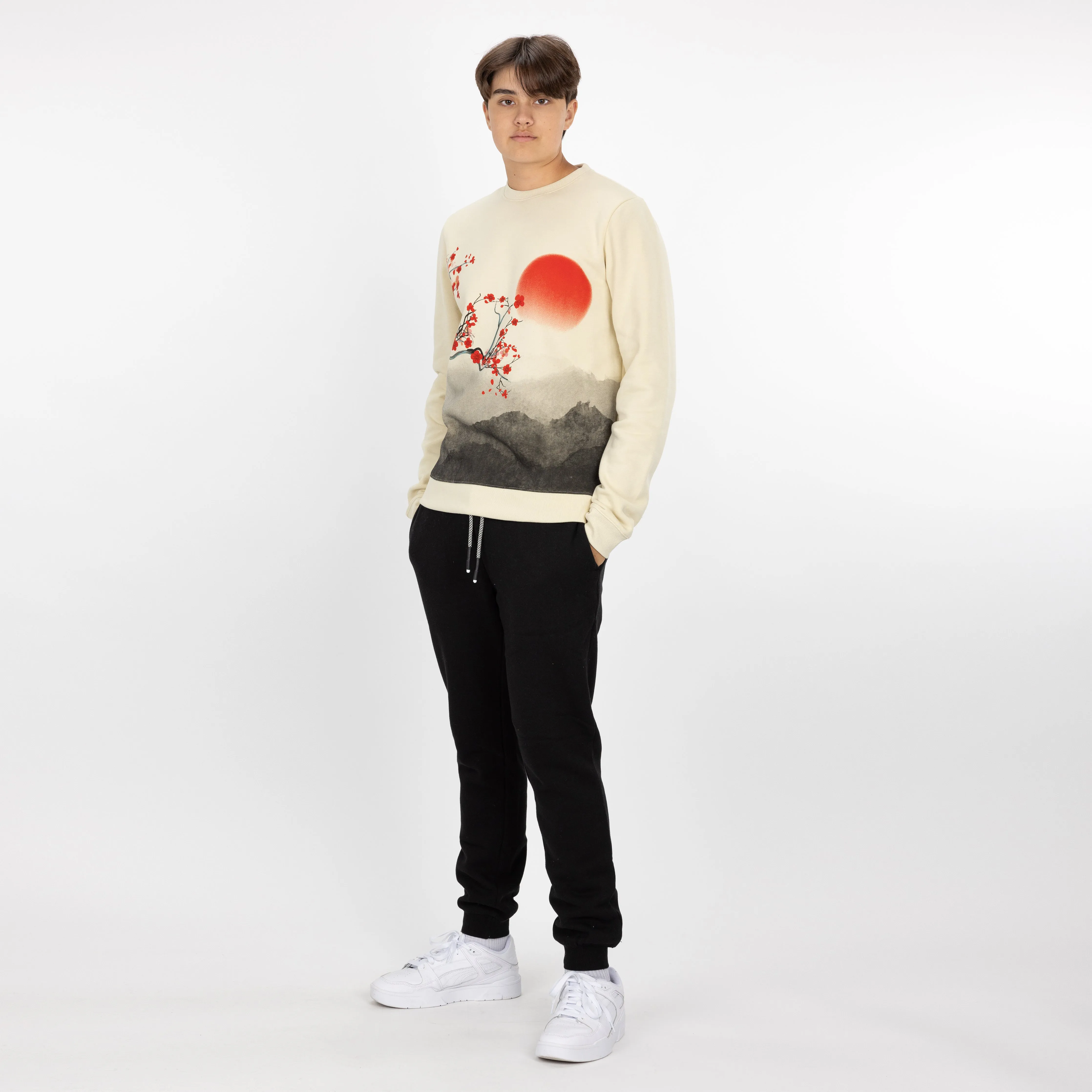 Graphic Wraparound Crewneck Pullover Sweatshirt - Seedpearl / Cherry Blossom Sunrise