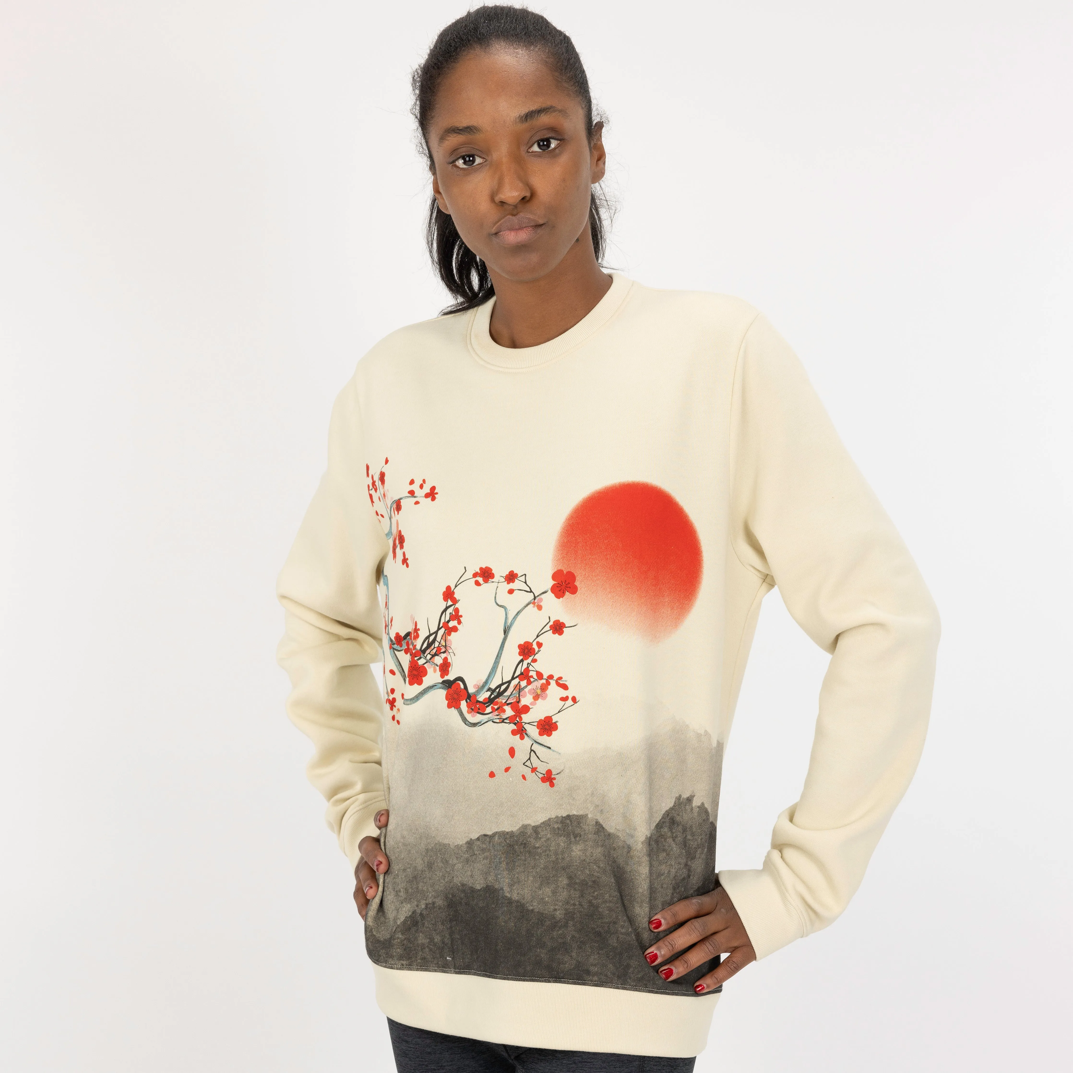 Graphic Wraparound Crewneck Pullover Sweatshirt - Seedpearl / Cherry Blossom Sunrise