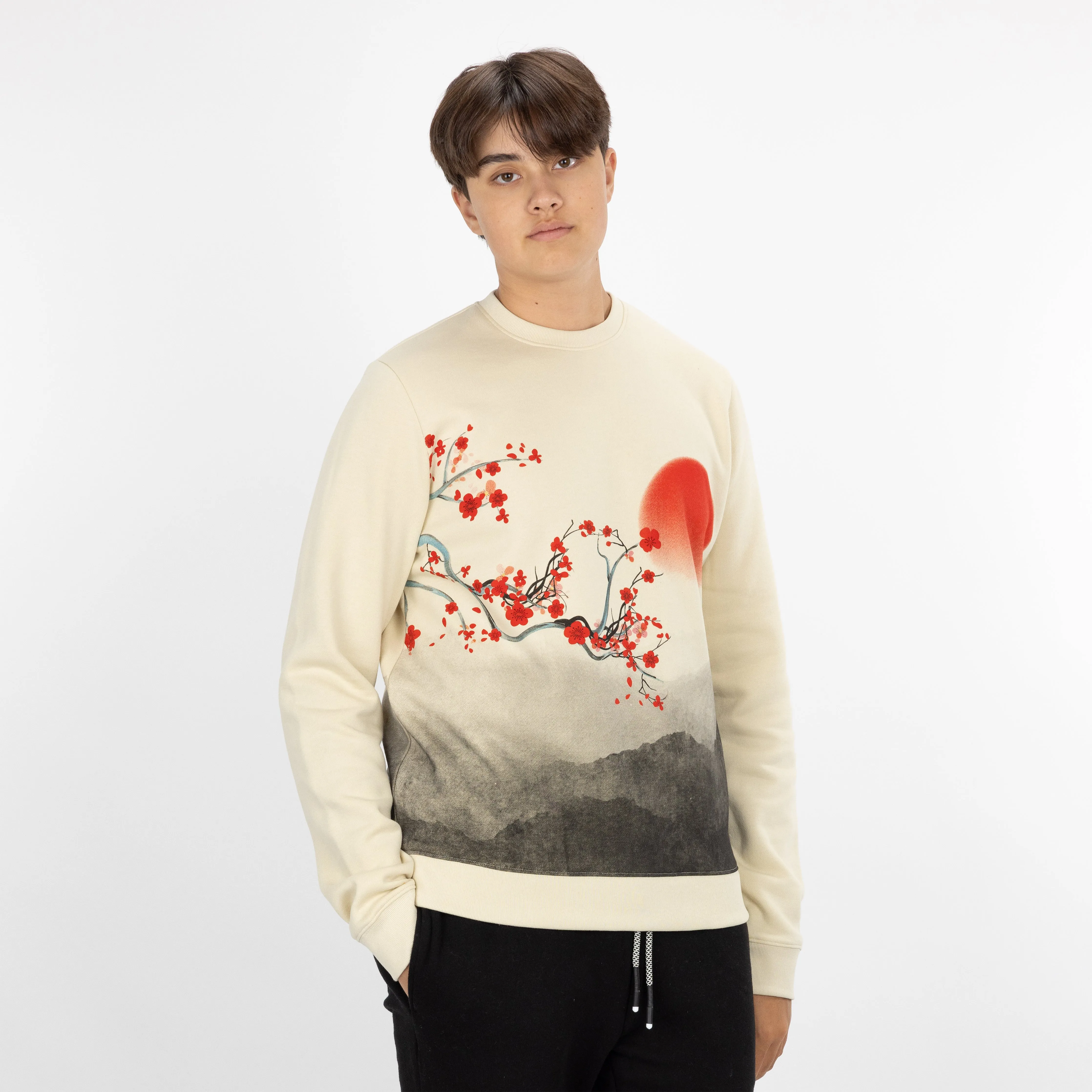 Graphic Wraparound Crewneck Pullover Sweatshirt - Seedpearl / Cherry Blossom Sunrise
