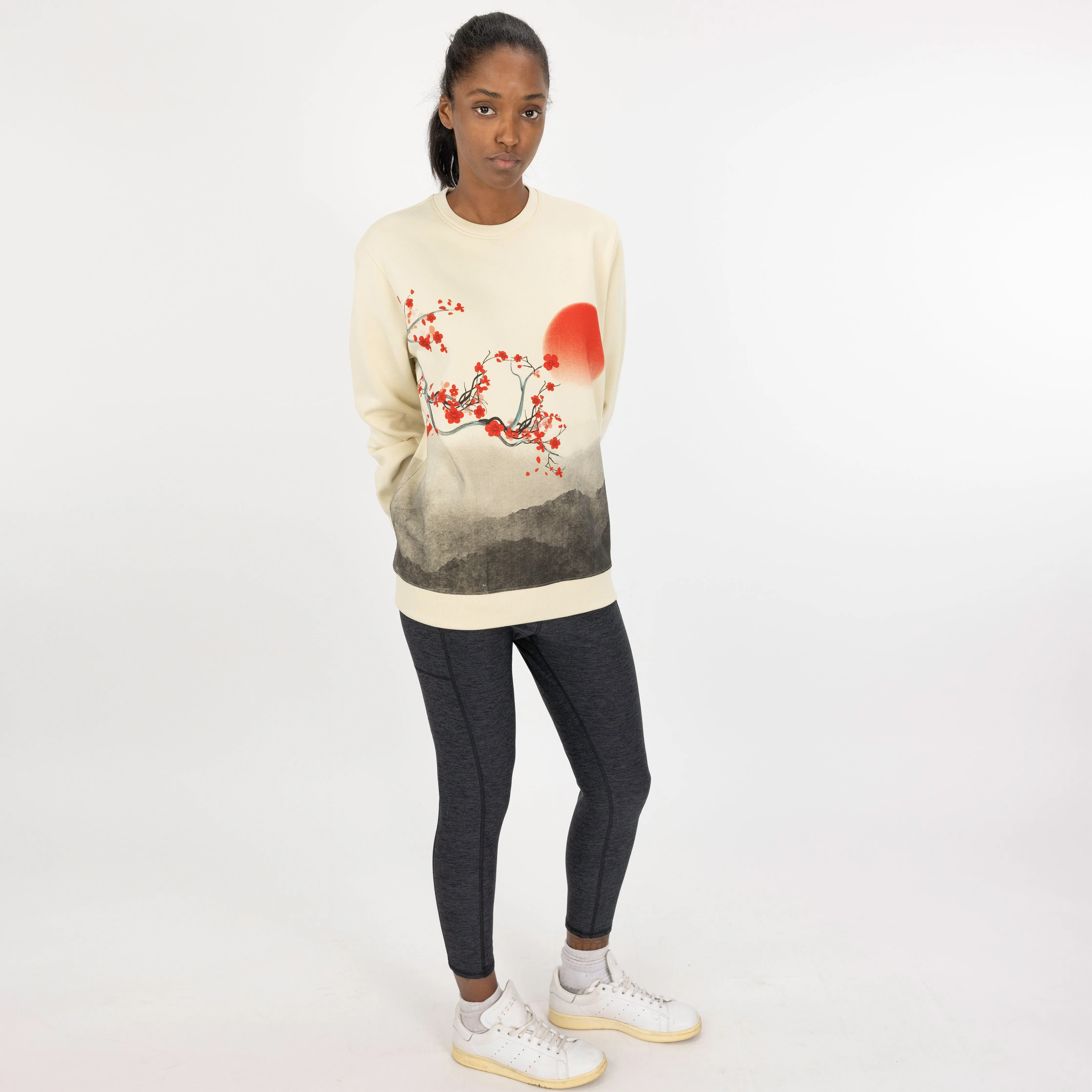 Graphic Wraparound Crewneck Pullover Sweatshirt - Seedpearl / Cherry Blossom Sunrise