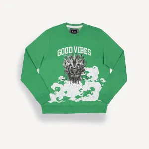 Graphic Wraparound Crewneck Sweatshirt - Kelly Green / Good Vibes