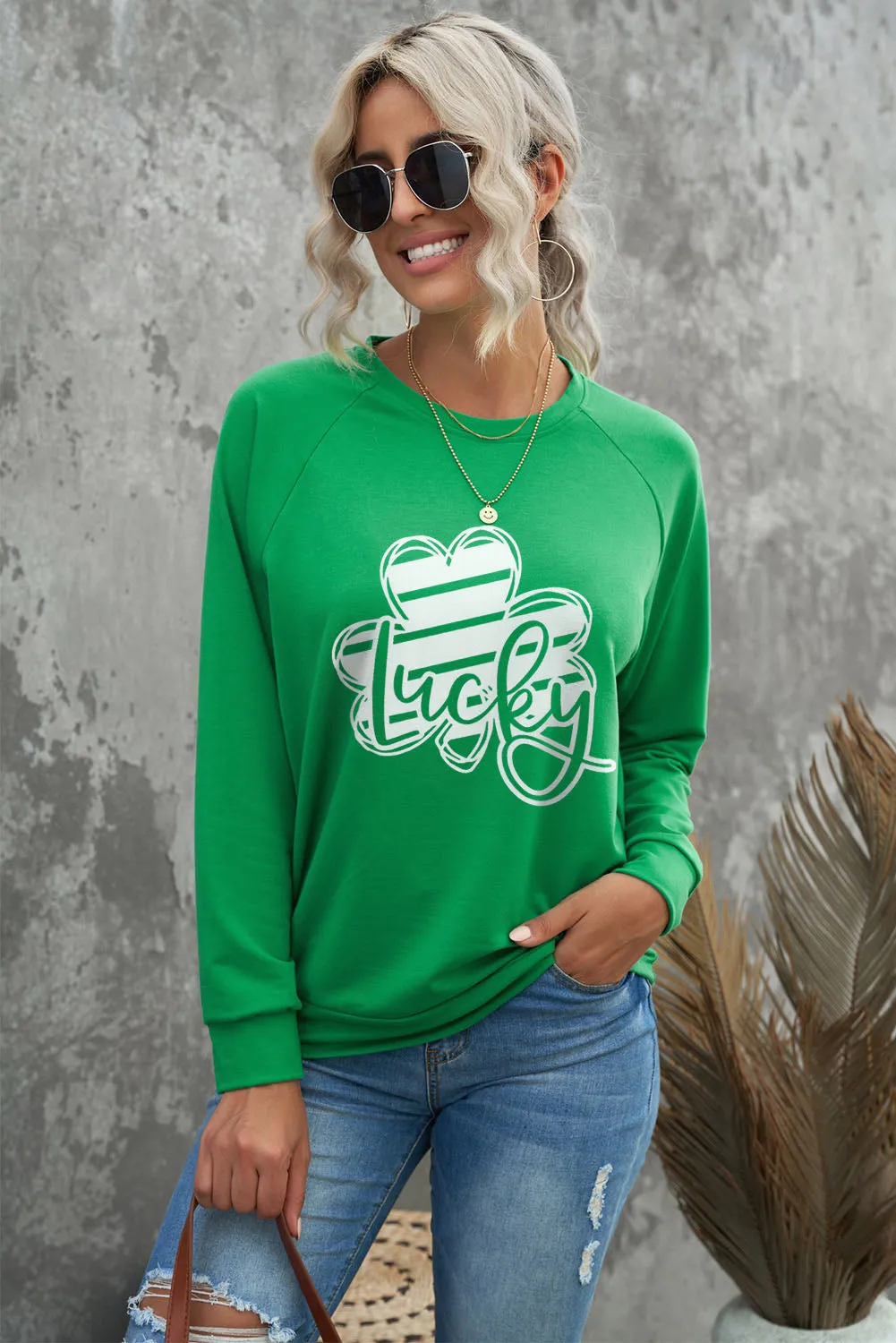 Green Lucky Clover Graphic St Patricks Pullover Sweatshirt