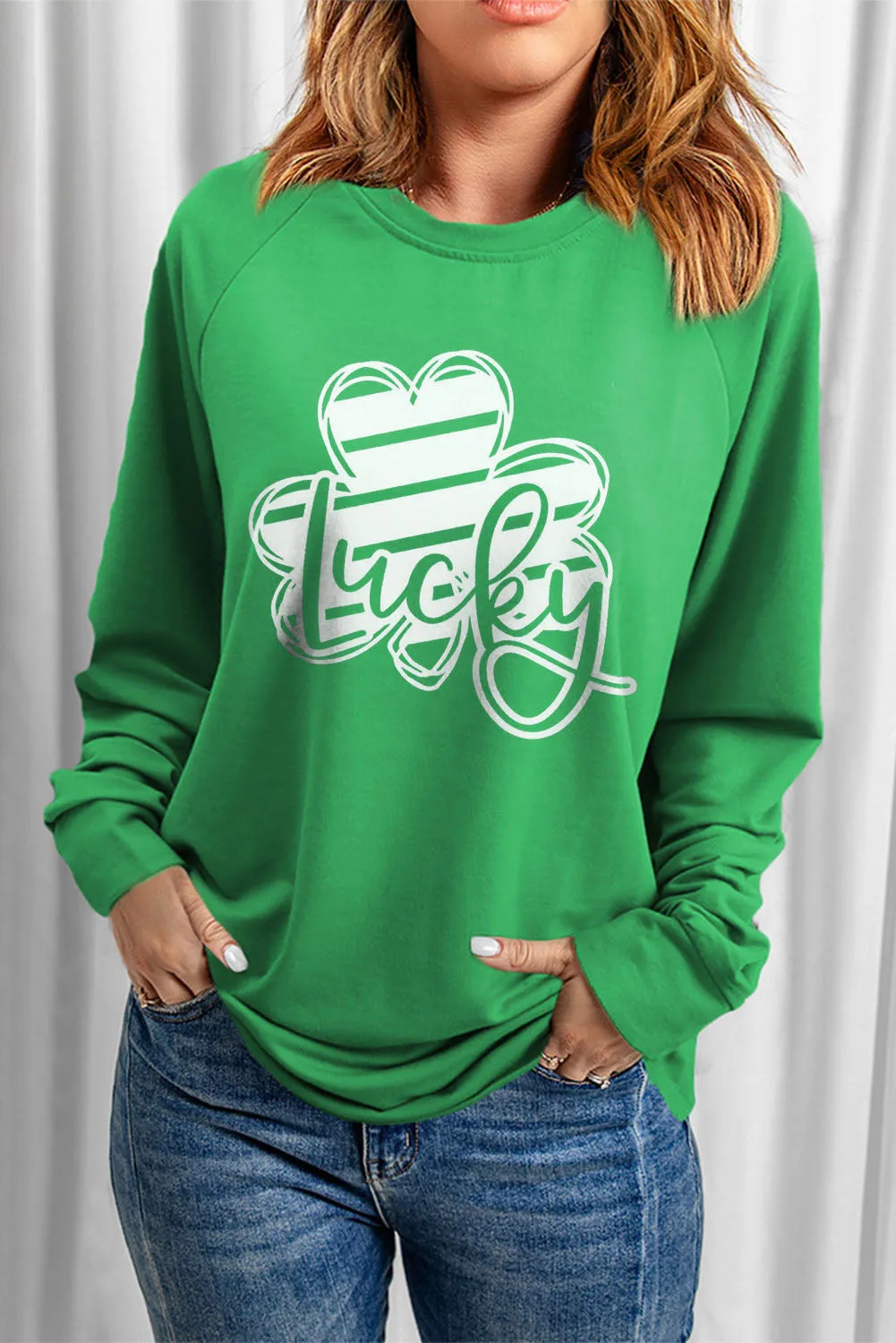 Green Lucky Clover Graphic St Patricks Pullover Sweatshirt