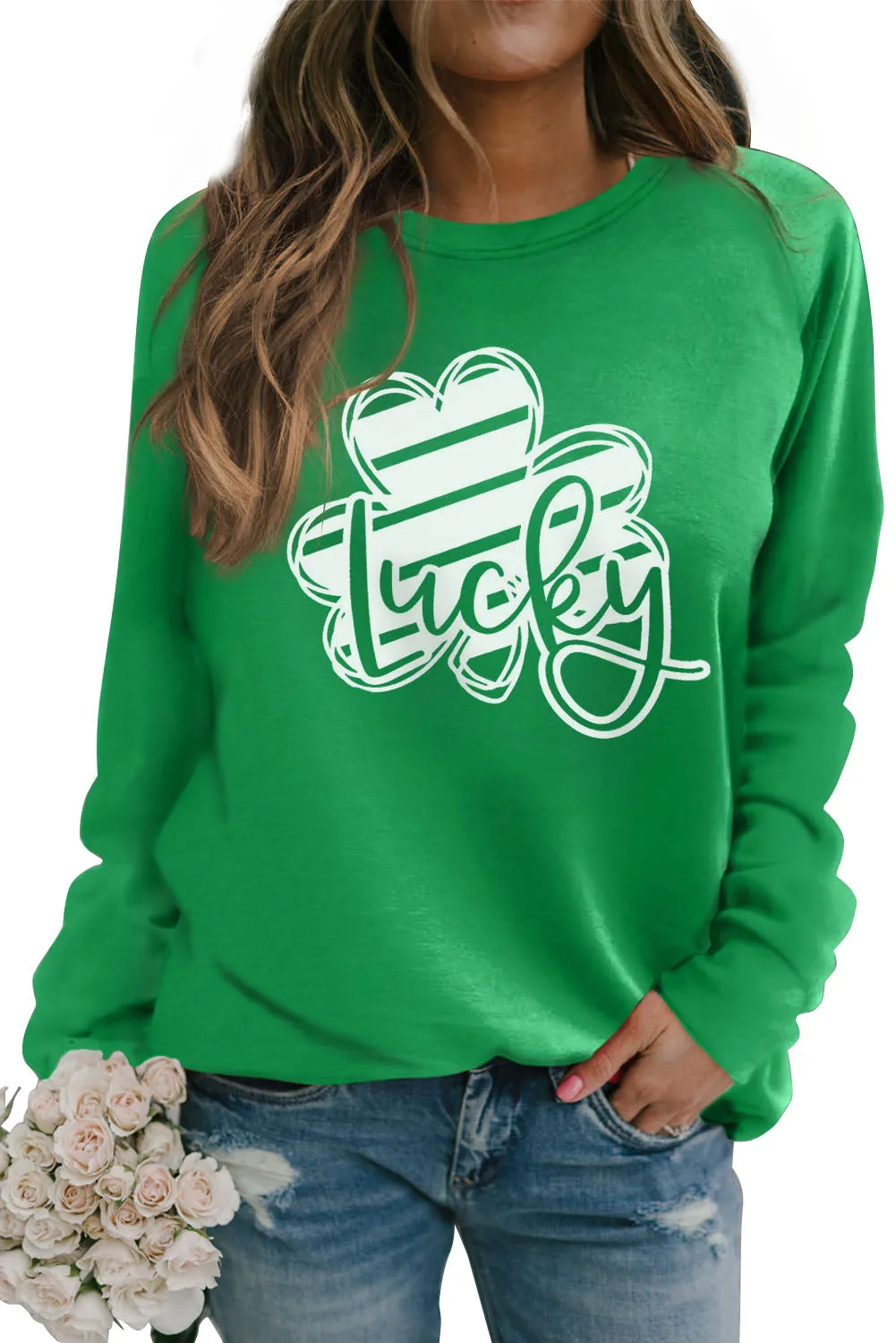 Green Lucky Clover Graphic St Patricks Pullover Sweatshirt