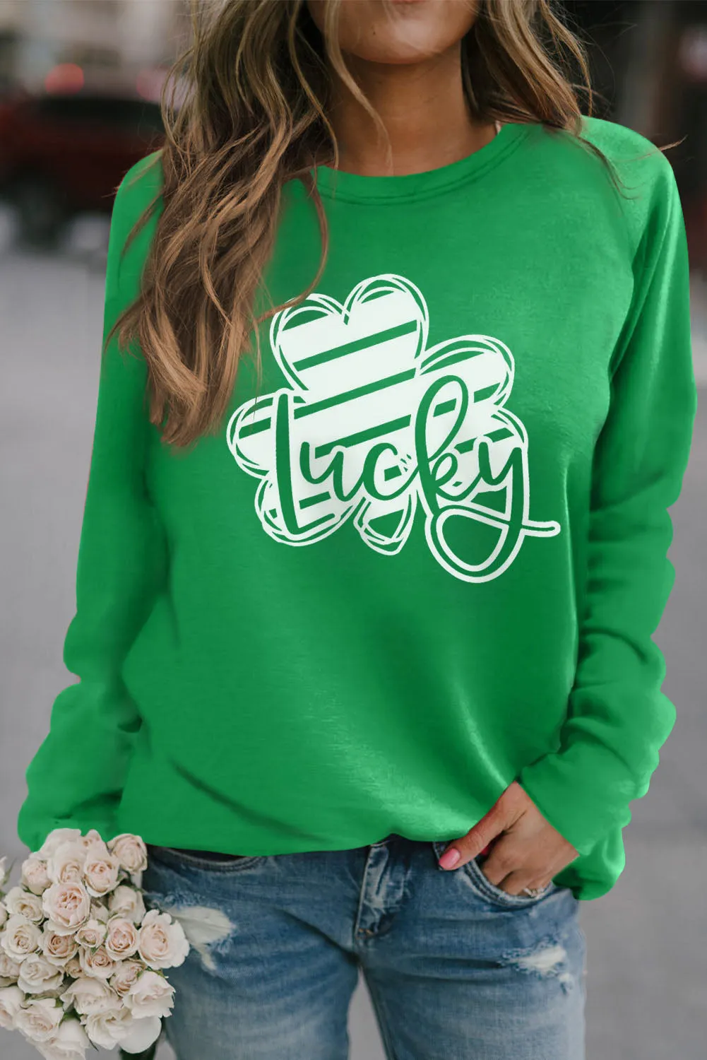 Green Lucky Clover Graphic St Patricks Pullover Sweatshirt