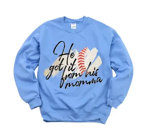 He Got It From His Mama Baseball Carolina Blue Unisex Baseball Sweatshirt/   Baseball Youth and Adult Sizes