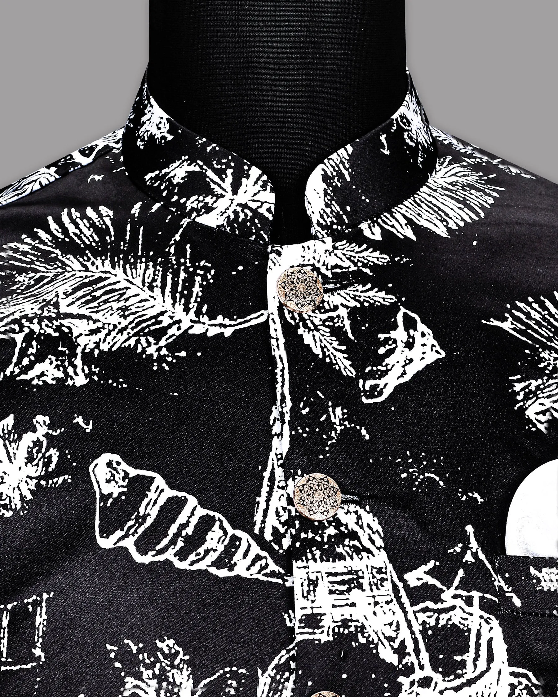Jade Black with White Beach Print Super Soft Designer Nehru Jacket