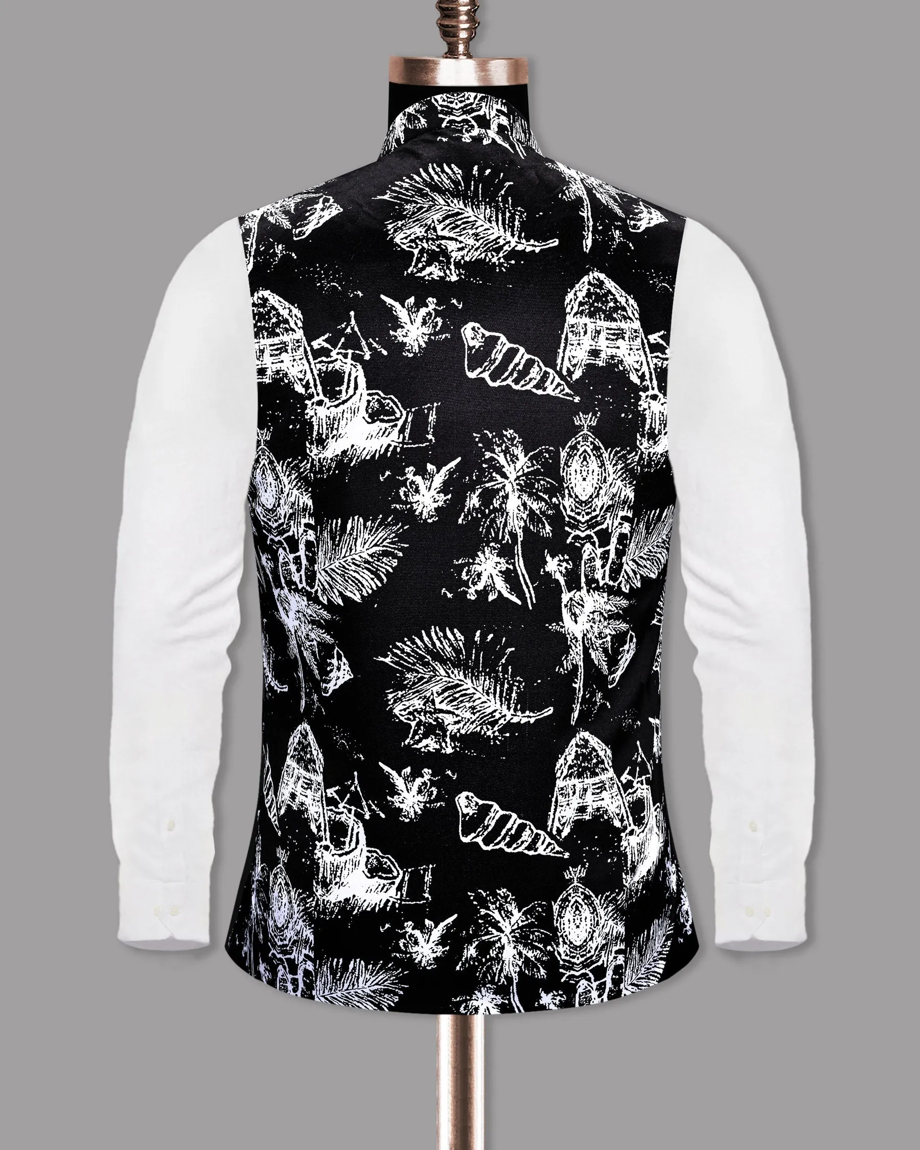 Jade Black with White Beach Print Super Soft Designer Nehru Jacket