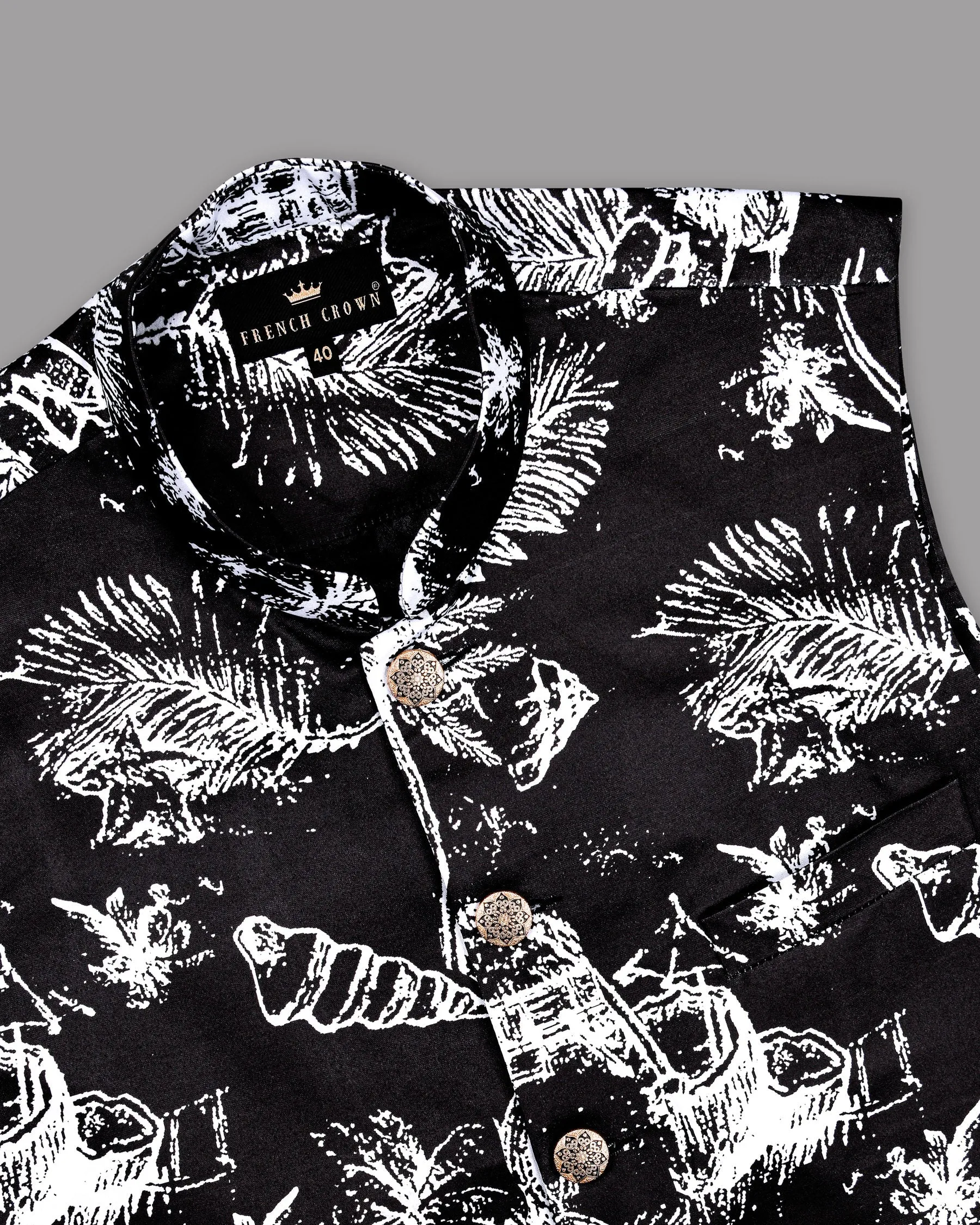 Jade Black with White Beach Print Super Soft Designer Nehru Jacket